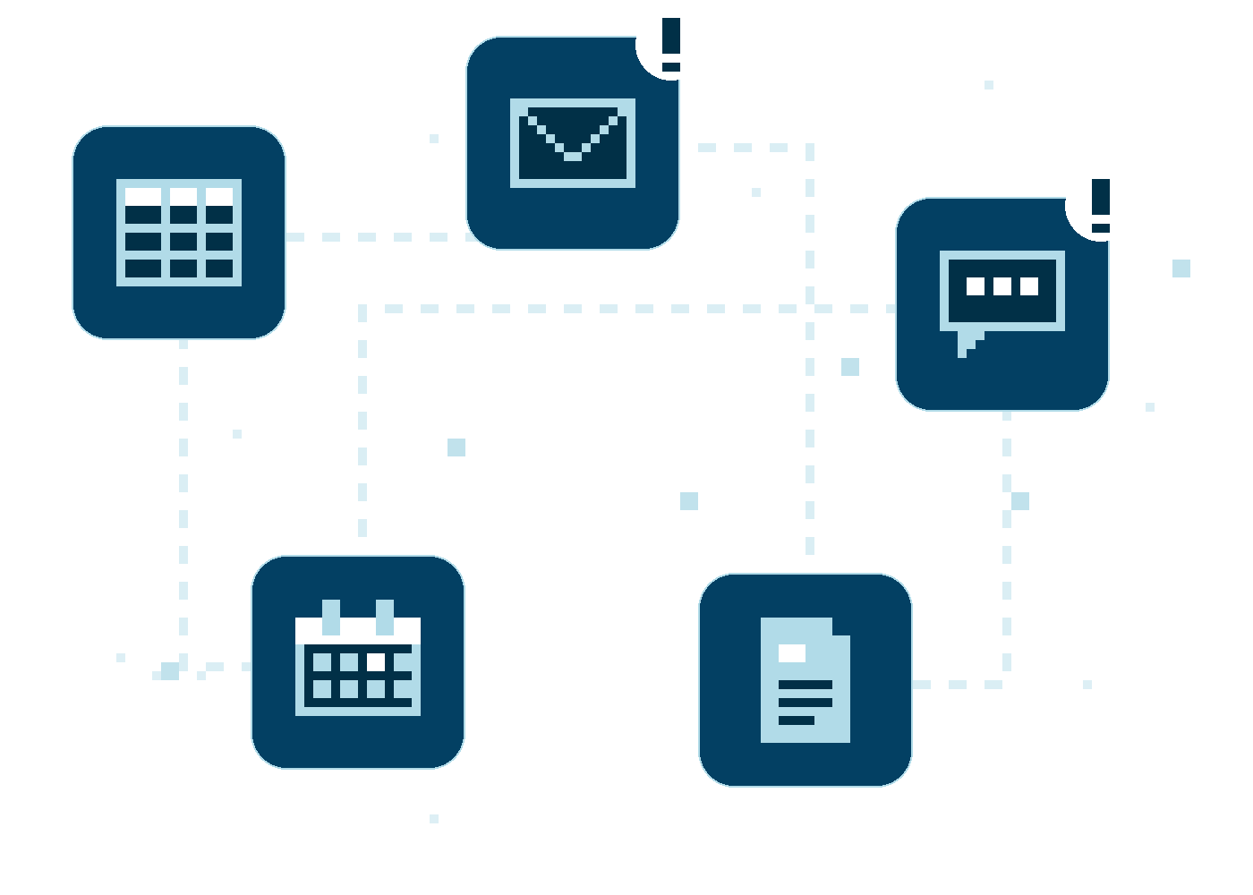 Cinco herramientas desconectadas: hoja de cálculo, correo, chat, calendario y documentos